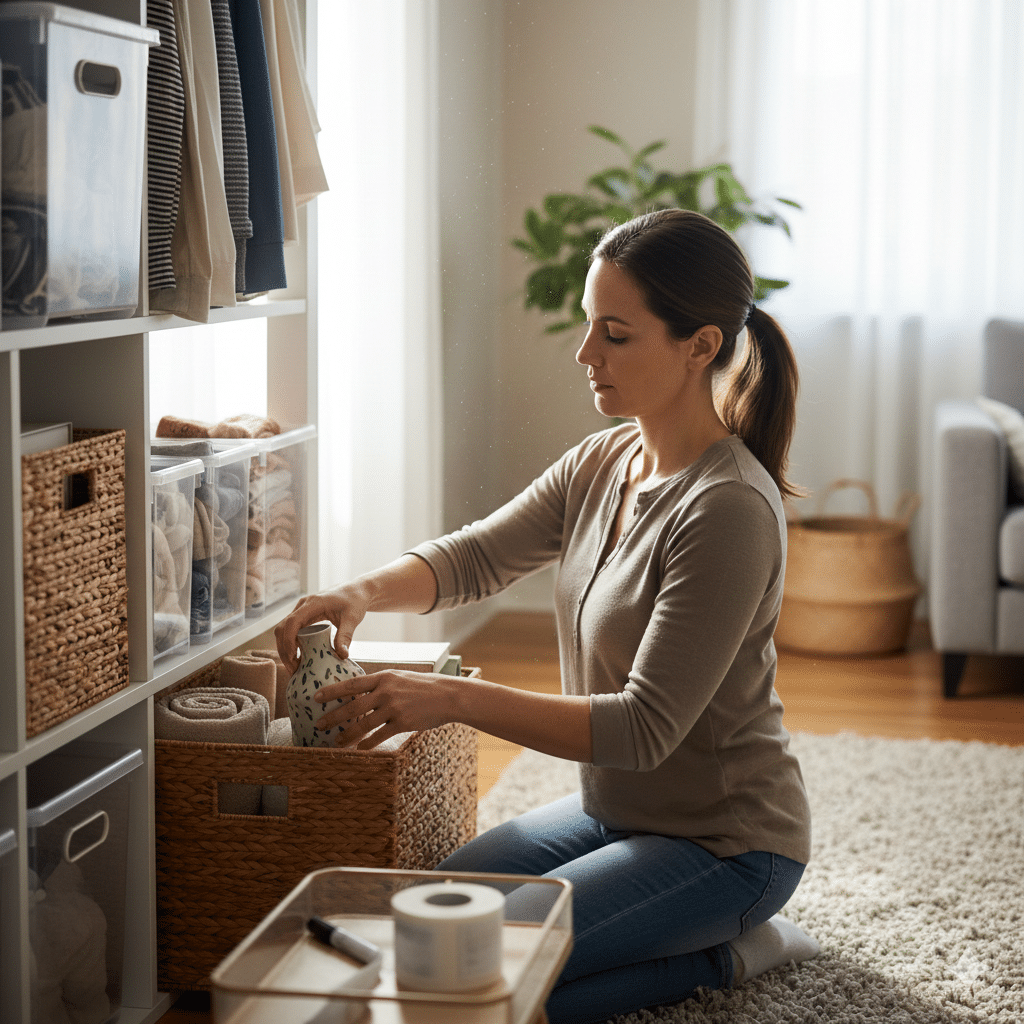 Femme en train d’organiser des paniers dans un intérieur lumineux, illustration d’un travail de home organising